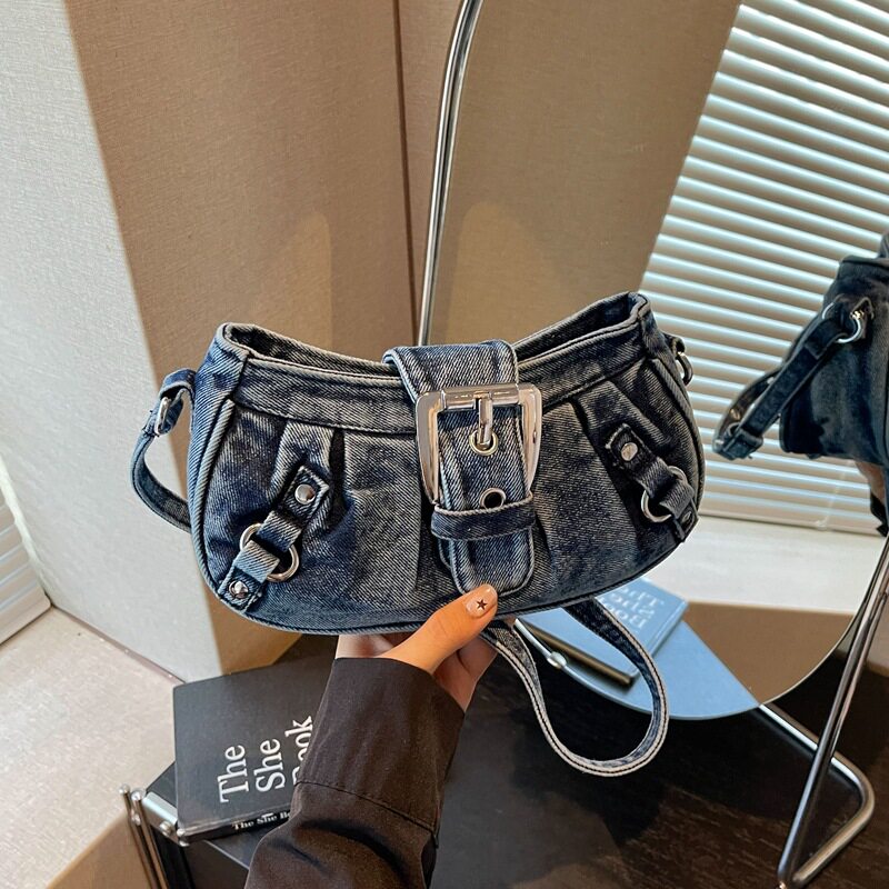 Túi đeo chéo nữ dáng hộp nhỏ kẹp nách vải denim xếp nếp phong cách Hàn Quốc — Cao bồi xanh, Màu xanh cổ điển, đen chi tiết 16
