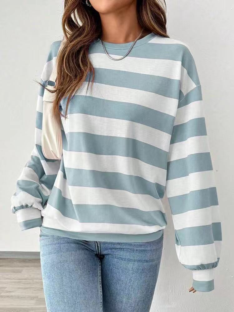 's New Cross-border Loose Striped Long-sleeve T-shirt For Women, Korean Style Versatile Top_ecoleips.com