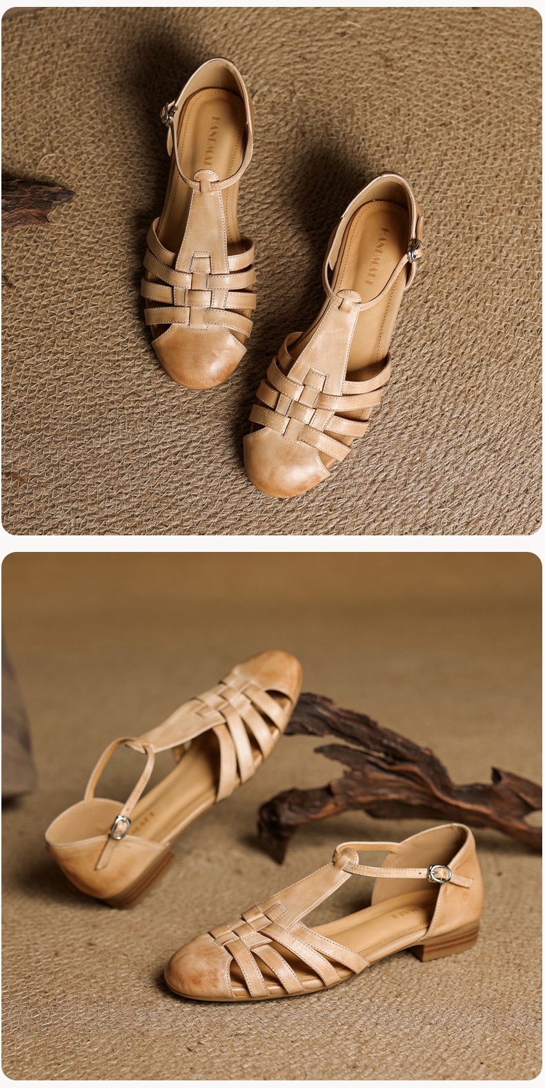 Sandal nữ mũi nhọn da bò quai chữ T gót thấp phong cách La Mã — nâu chi tiết 25