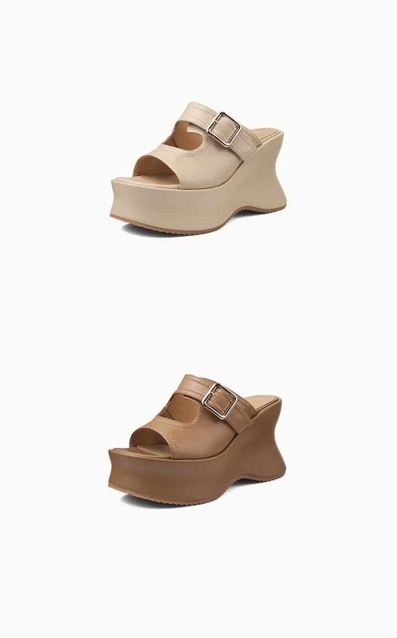 Sandal hở mũi nữ đế xuồng cao gót 9 cm quai ngang khóa móc da bò — màu nâu chi tiết 9