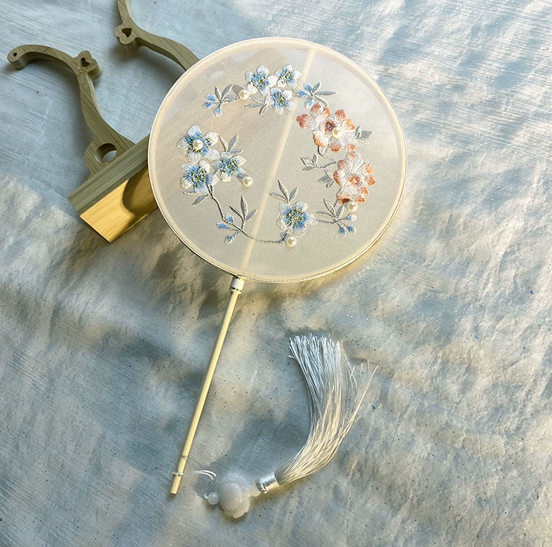 Двусторонний круглый веер, женский танцевальный веер Cheongsam в древнем китайском стиле с длинной ручкой и кисточкой династии Хань, детский летний круглый веер