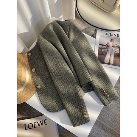 小香风墨绿色粗花呢外套女2024年春秋新款高级百搭休闲小个子上衣