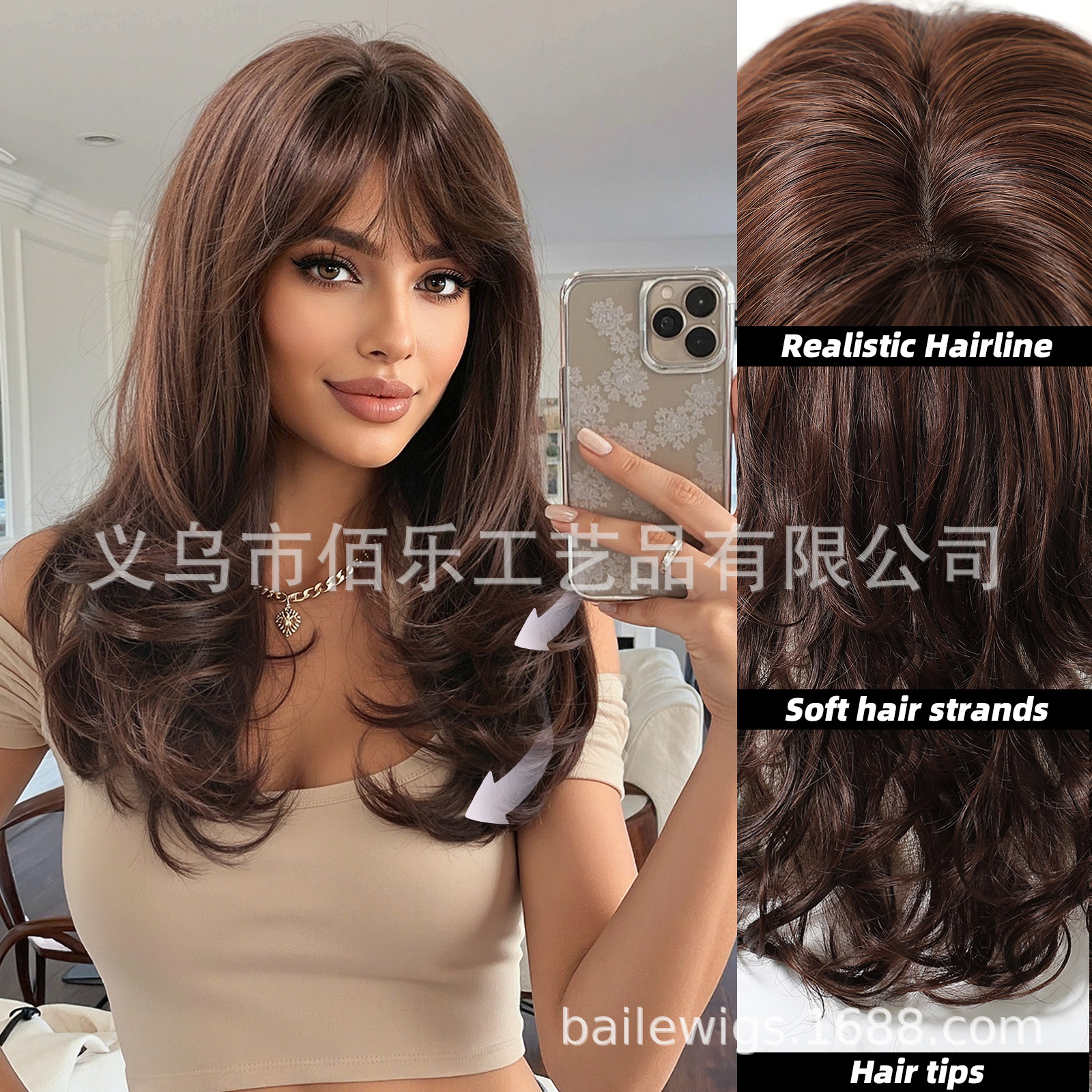 Peruca de mujer cubierta de cabello marrón Qi Liuhai cabello rizado largo Xuchang fibra química pelucas mujeres europeas y estadounidenses cabello spot