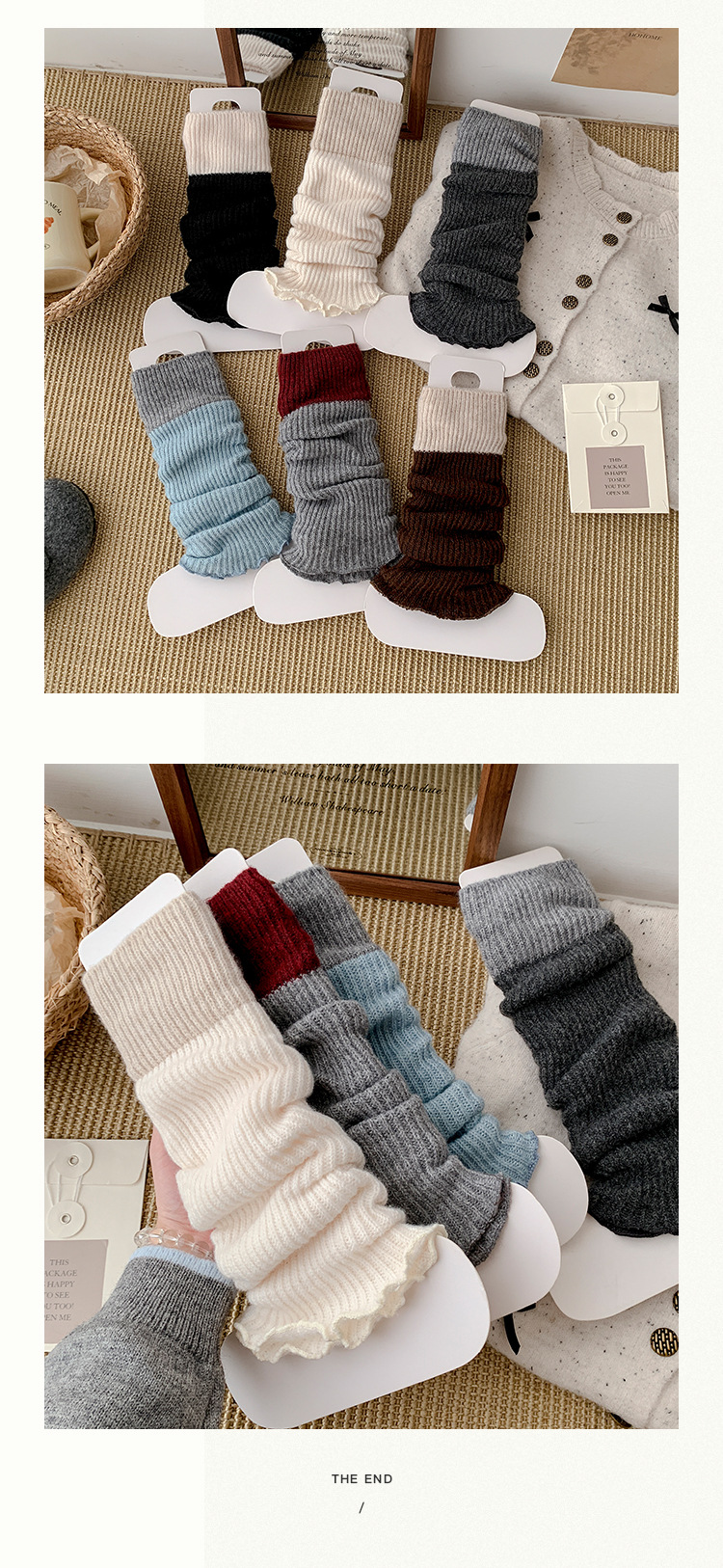 Leg Warmers Bootshang Cotton Pile Socks For Women Contrast Color Knitted Wool Leg Warmers Autumn And Winter Thickened Warm Stitching Gray Calf Socks_voghion.com