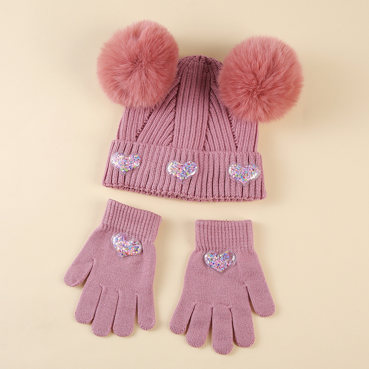 Cross-border Amazon Temu 2026 Fall/Winter New Children's Knit Hat Heart and Star Hat and Gloves Two-Piece Set