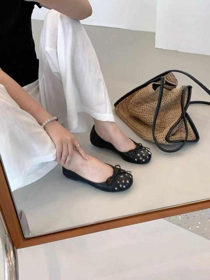 Giày búp bê nữ mũi tròn cổ thấp đính nơ, đinh tán và ngôi sao, đế bằng gót thấp — Màu xanh dương, màu đen chi tiết 11