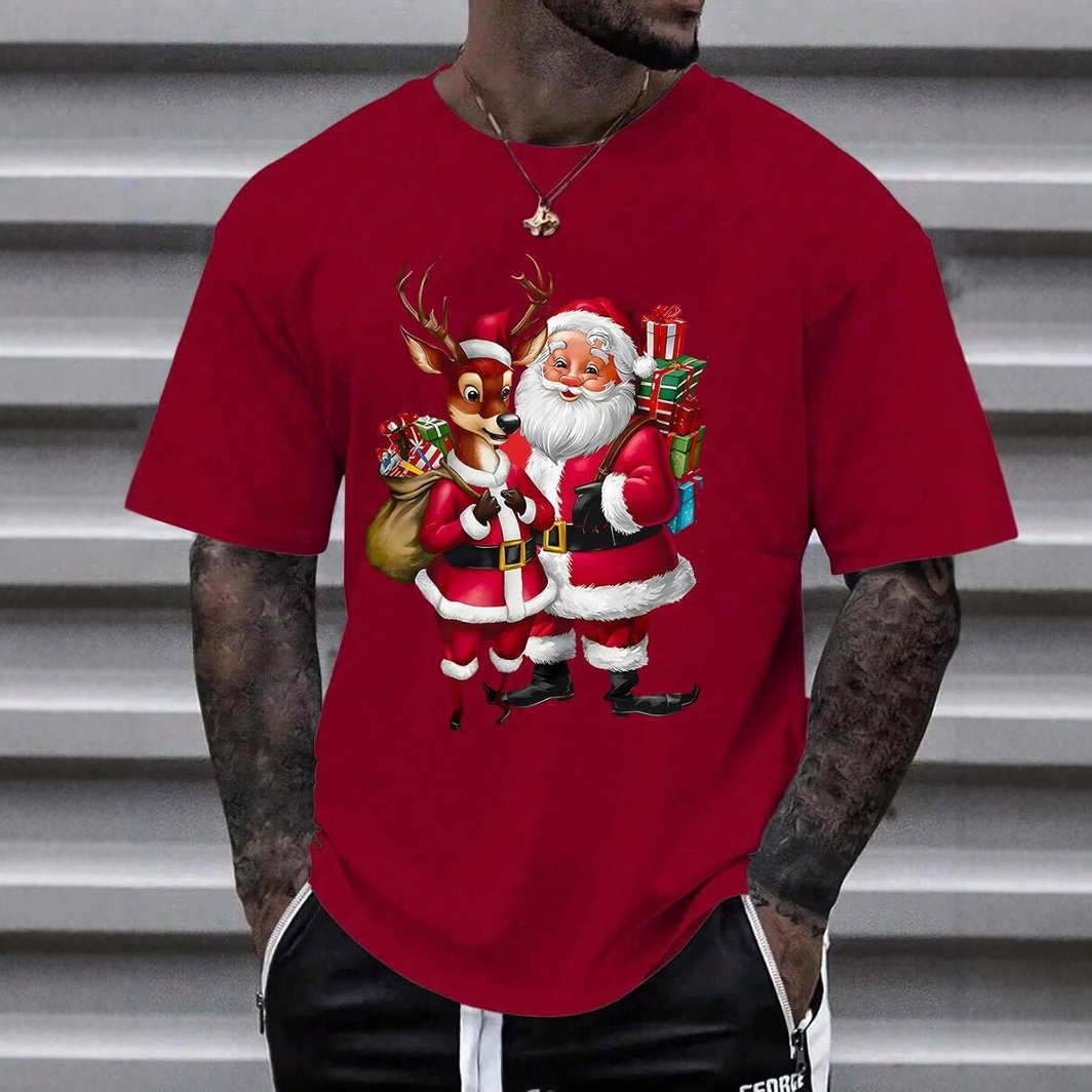 2024 Fun Christmas Series 3D Impresión digital Camiseta de manga corta transpirable de malla suelta de verano para hombre