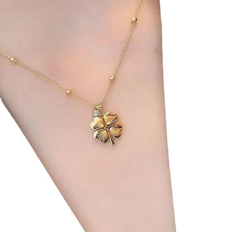 Edelstahl Kleeblatt Langkette Mit Diamanten Luxuriös Funkelnd_voghion.com