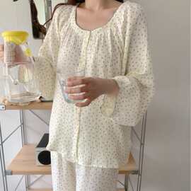 韩国ins女士秋季新品韩版双层棉纱浅青碎花家居服睡衣套装可外穿