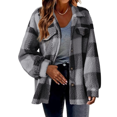 Cross-border women's clothing 2024 new Amazon autumn and winter with pockets grid lambskin jacket button plush outerwear