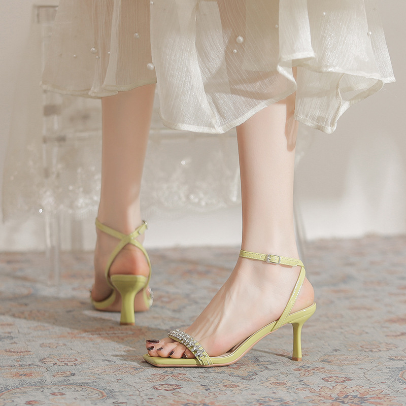 Korean Style Elegant Rhinestone One-Strap High Heels for Women, Square Toe, Thin Heels, Light Luxury Feel, New Summer Style, Versatile and Comfortable Sandals Korean Style Elegant Rhinestone One-Strap High Heels for Women, Square Toe, Thin Heels, Light Luxury Feel, New Summer Style, Versatile and Comfortable Sandals