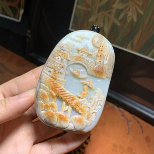 Hetian Jade Landscape Handle Jade Delicate and Warmly Moisturizing Features Skillful Carving Pavilions Staggering with Exquisite Craftsmanship