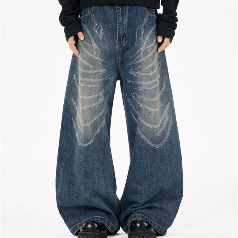 Men's casual high street trendy jeans with rhinestone design, unique and niche, washed and distressed, loose wide-leg trousers