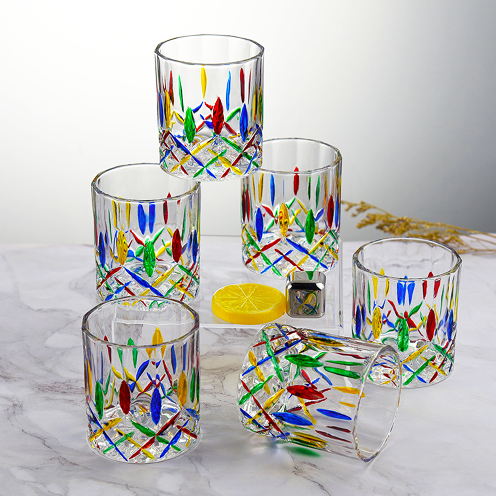 家居生活摆件好物 手工彩绘七彩红酒高脚杯 复古彩绘玻璃冰河杯