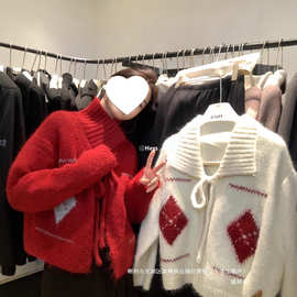 厂家直销韩系复古菱格翻领毛衣外套女秋季圣诞新年氛围感红色针织