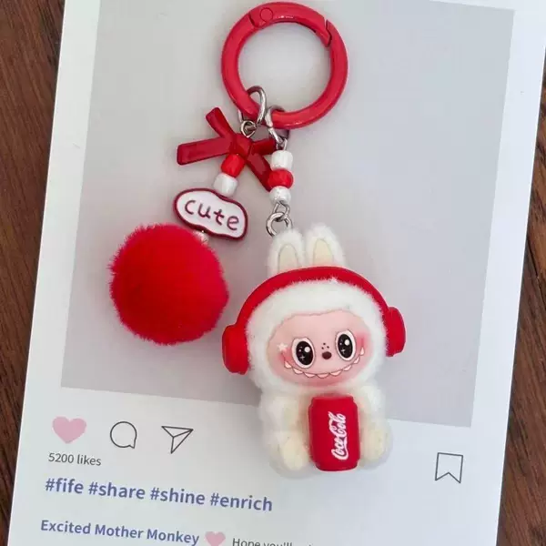 New Plush Keychain Earphone Pendant, Labubu Doll Holding a Coke, Creative Small Gift Pendant Wholesale