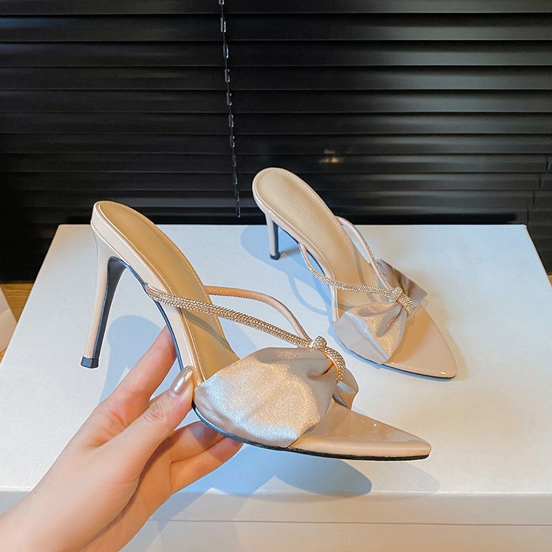 2026 Summer New Style Pointed-Toe Open-Toe High-Heeled Sandals with Rhinestones, Elegant Socialite Style, Stunning Thin-Heeled Mules for Women