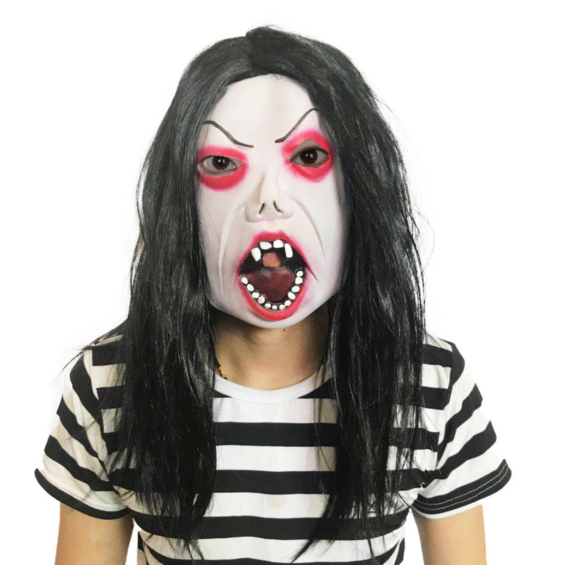 Black-Haired Scary Ghost Face Mask Long Hair Scary White Devil Halloween Performance Mask Hooded Wig Whole Person Props