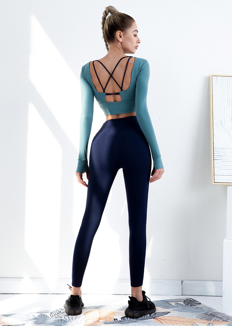 back hollow long-sleeved top high waist pants two-piece yoga suit nihaostyles clothing wholesale NSSMA77413