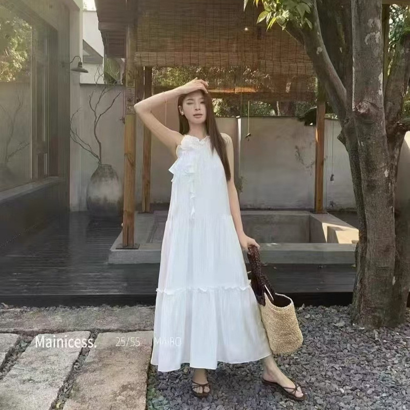 New Holiday Style White Gentle Neck dress Sleeveless Off-Shoulder Elegant Large Skirt French Long Dress for Women Summer New Holiday Style White Gentle Neck dress Sleeveless Off-Shoulder Elegant Large Skirt French Long Dress for Women Summer