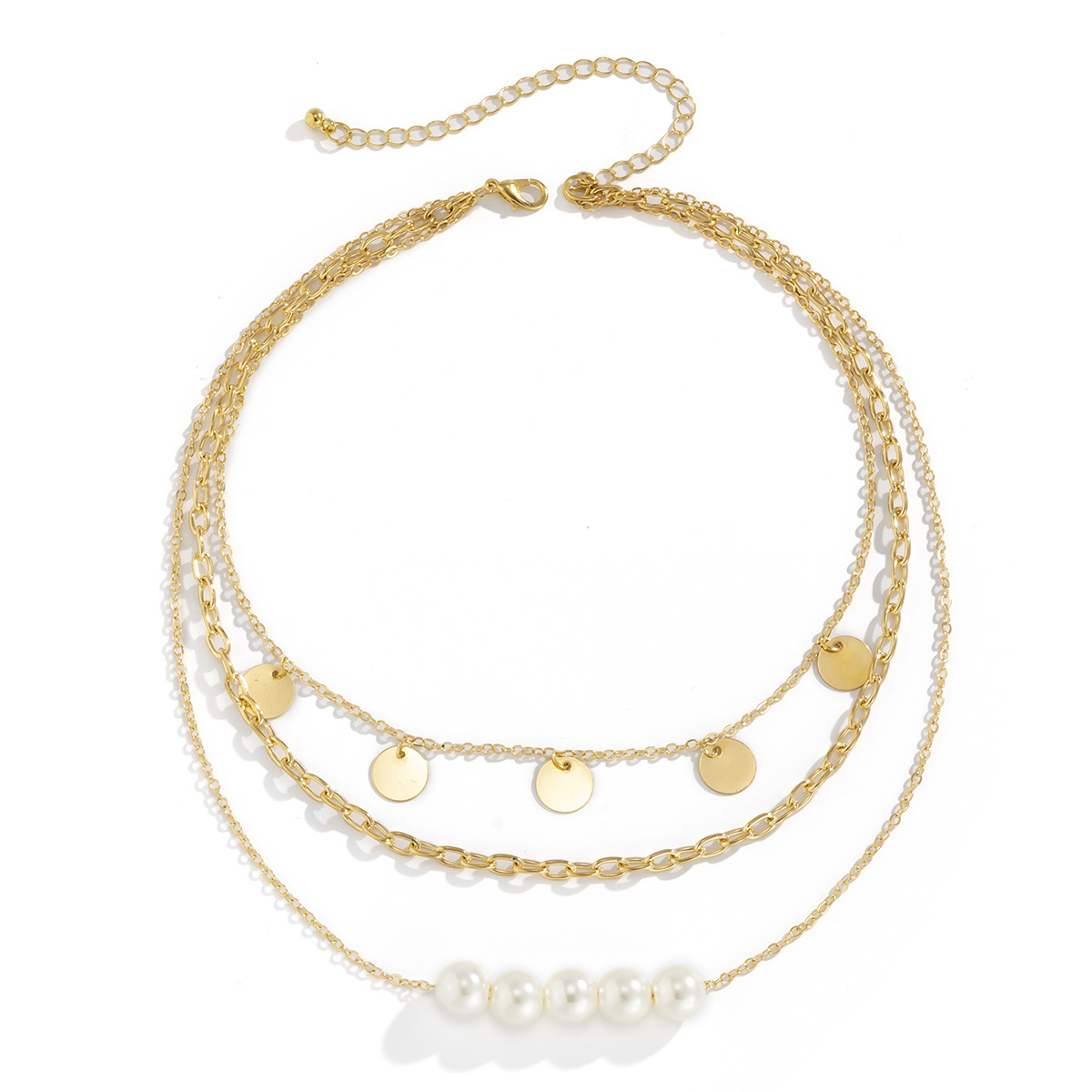 Fashion Pearl Copper Sequin Metal Chain Multilayer Necklacepicture7