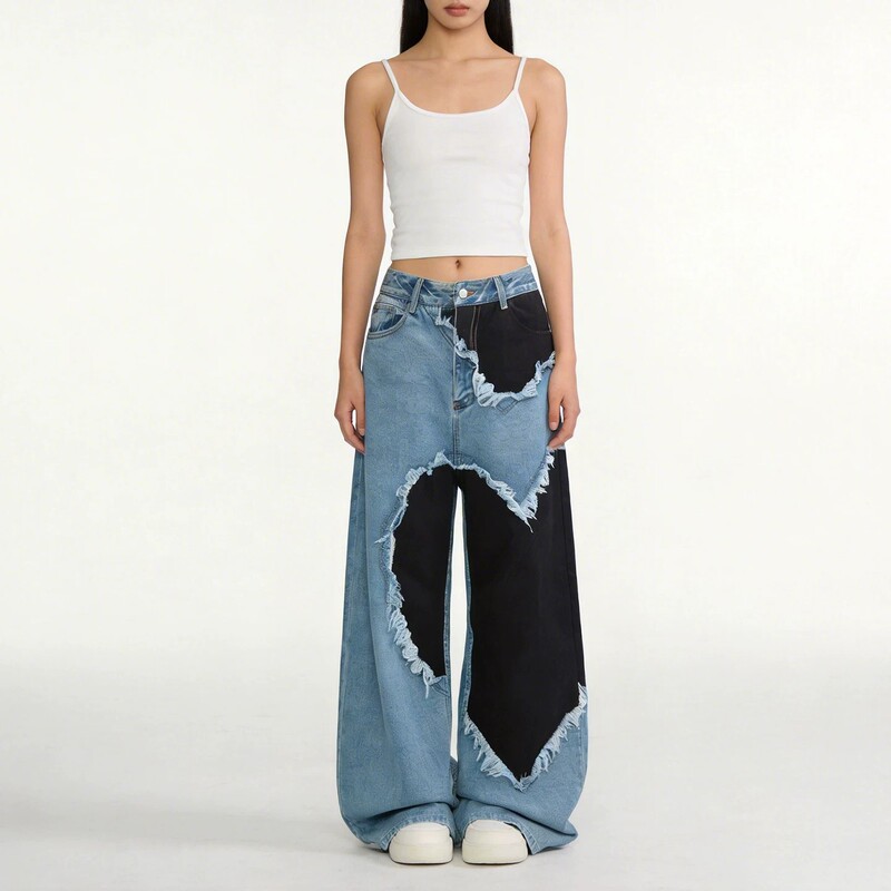 Vintage Street Style Heart Patchwork Color-Blocked Jeans for Women, 2026 Summer Design, Loose Straight Wide-Leg Pants, Trendy Vintage Street Style Heart Patchwork Color-Blocked Jeans for Women, 2026 Summer Design, Loose Straight Wide-Leg Pants, Trendy
