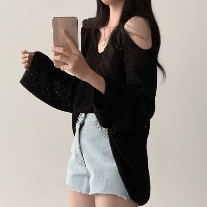 South Korea chic elegant V-neck off-shoulder loose lazy versatile casual sun protection solid color long sleeve sweater women's top_voghion.com