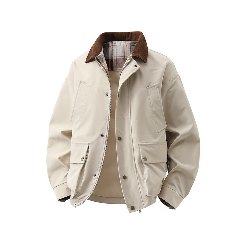 Fei Yousen Unisex Youth Student Turn-Down Collar Color-Block Casual Corduroy Turn-Down Collar Jacket Coat