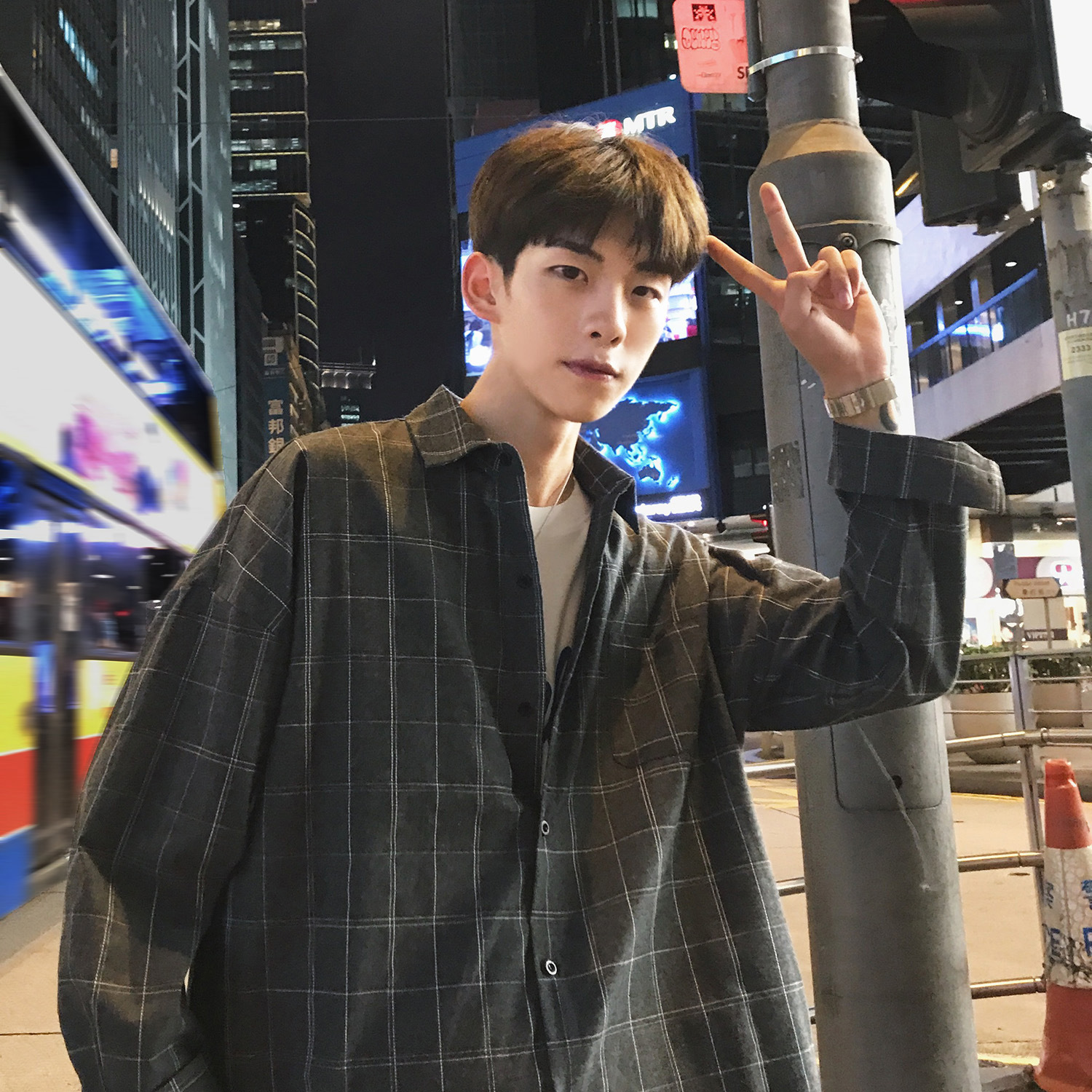Spring shirt men's plaid Korean style trendy handsome Hong Kong style ins trendy casual long sleeve Japanese style coat one-piece delivery