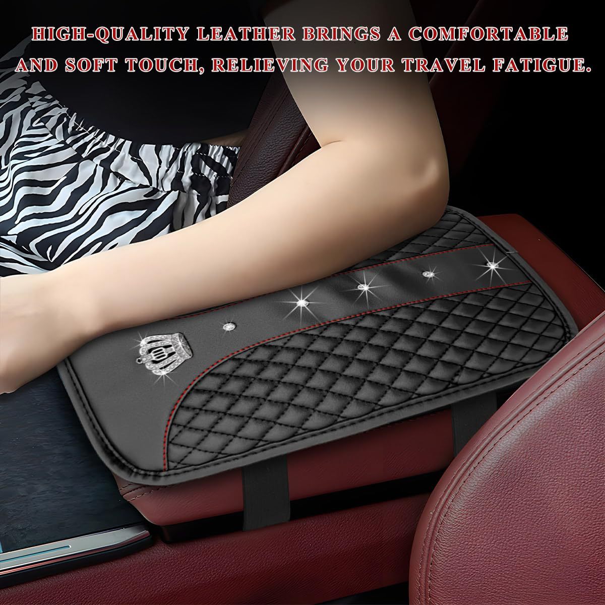 Car armrest box cushion, crown leather studded armrest box pad, armrest cover, three-dimensional quilted embroidery car interior accessory