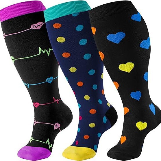 Amazon (3-Pack) Large Size Compression Socks for Men and Women, Circulation Wide Calf Sports Pressure Socks, Elastic Socks with High Elasticity