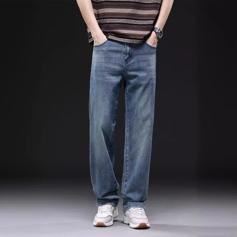 Spring and Summer new elastic straight jeans Turkish Blue simple all-match Spring thin comfortable trendy men's pants