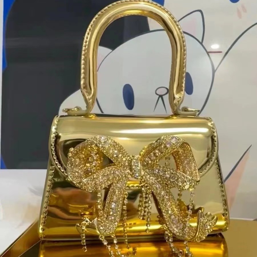 2024 Spring/Summer New Fashionable Versatile Lacquer Mirror Bow Diamond Handbag, Single Shoulder Crossbody Bag, Women's_voghion.com
