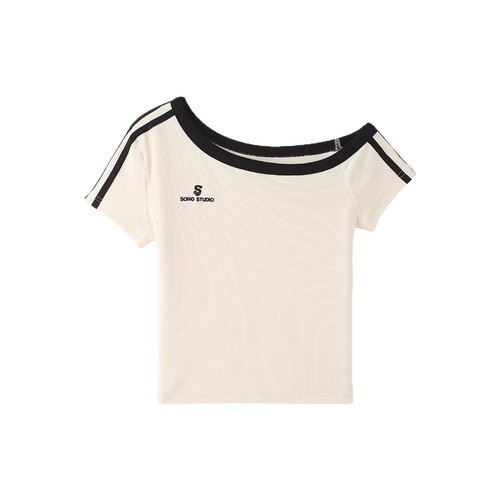 Pure Desire Sexy Sloping Shoulder Print Short Sleeve T-Shirt for Women Summer Fitting Slimming Hot Girl Short-Sleeve Top for Women