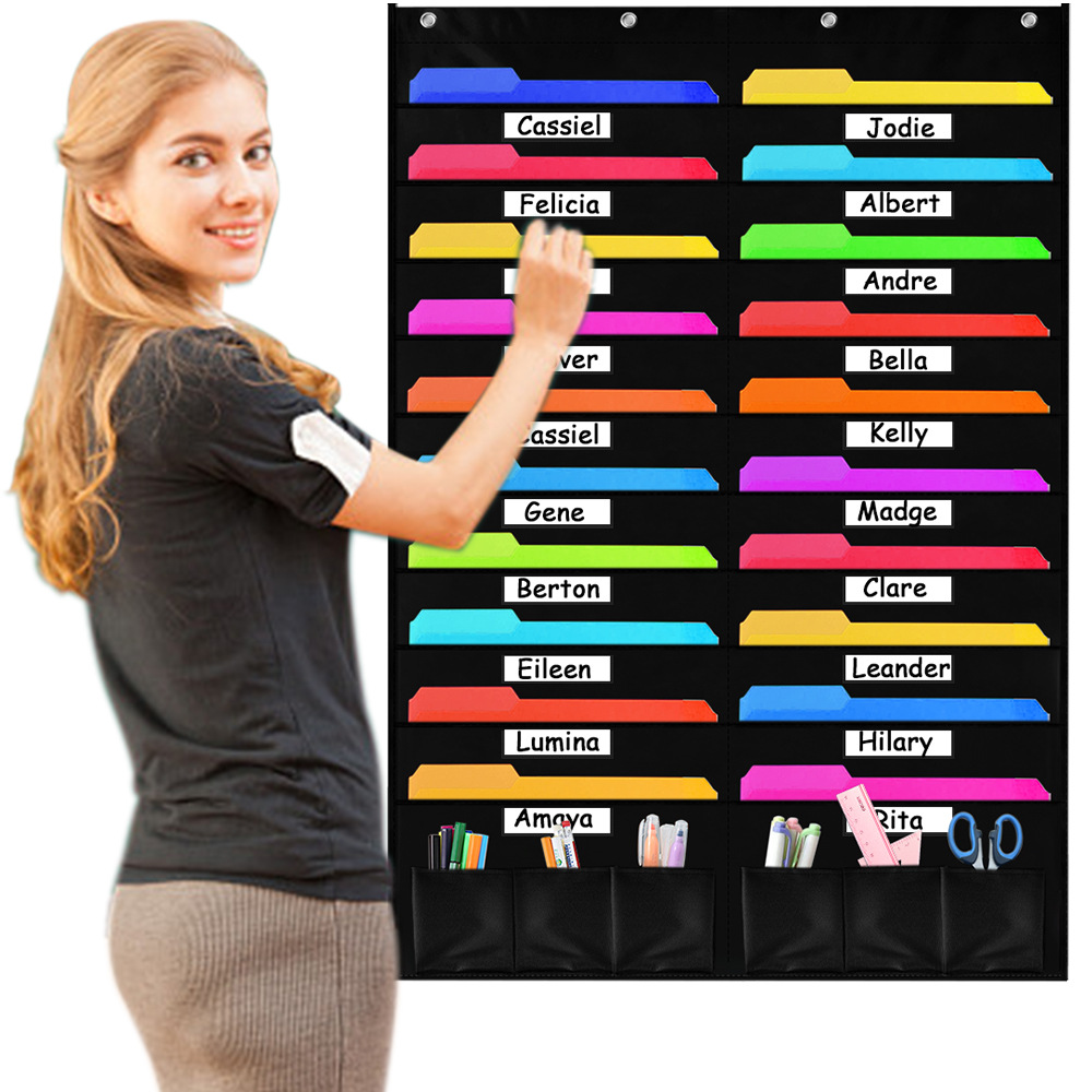Wall-mounted file organizer with 20 pockets and transparent label window. Suitable for office use.