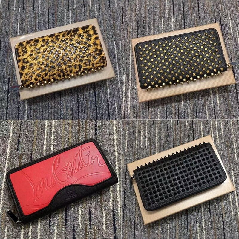 CL new red-soled studded long wallet, a trendy European and American style, unisex, with a zipper, a clutch bag, and a leopard-print cardholder and coin purse