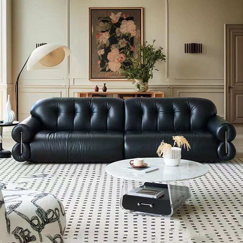 Black Sugar Cloud Full Sofa Black Top Layer Cowhide Straight Row French American Hotel Living Room Feather E18