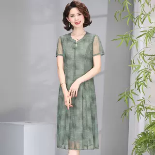 中老年女装裙子大码新款连衣裙春夏印花网纱修身短袖妈妈装中长裙