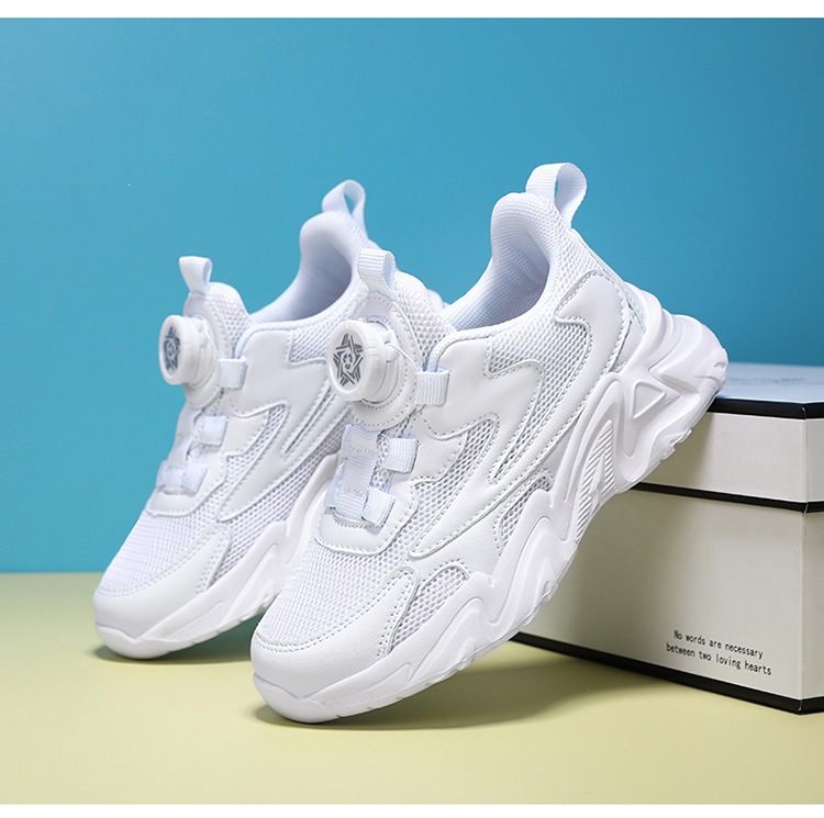 Zapatos blancos para niños ventilados primavera-verano 2026 nuevos zapatos blancos para niños botones giratorios de zapatos blancos para niñas