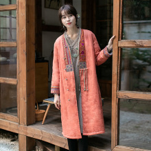 W21MY08冬款中国风长棉衣外套中长款民族风亚麻棉服大衣中式女装
