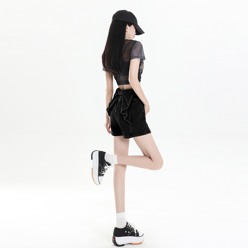 女性用リボンデニムショートパンツ、2025年夏の新作、小柄な人向けのゆったりとしたワイドレッグホットパンツ|undefined