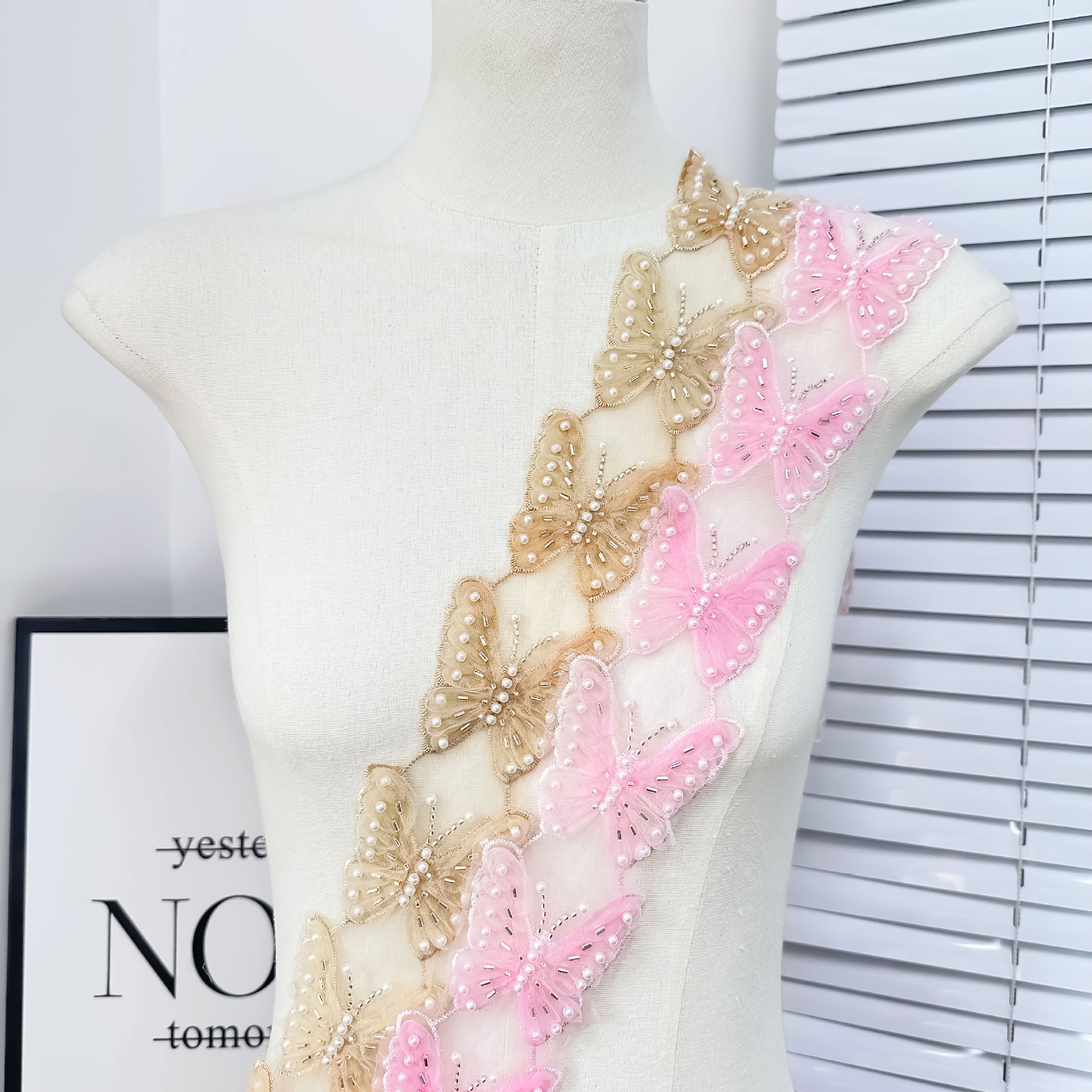 Oganza con perlas de mariposa encaje código de barras decoración hecha a mano encaje flor accesorios vestido de boda ropa de baile joyas