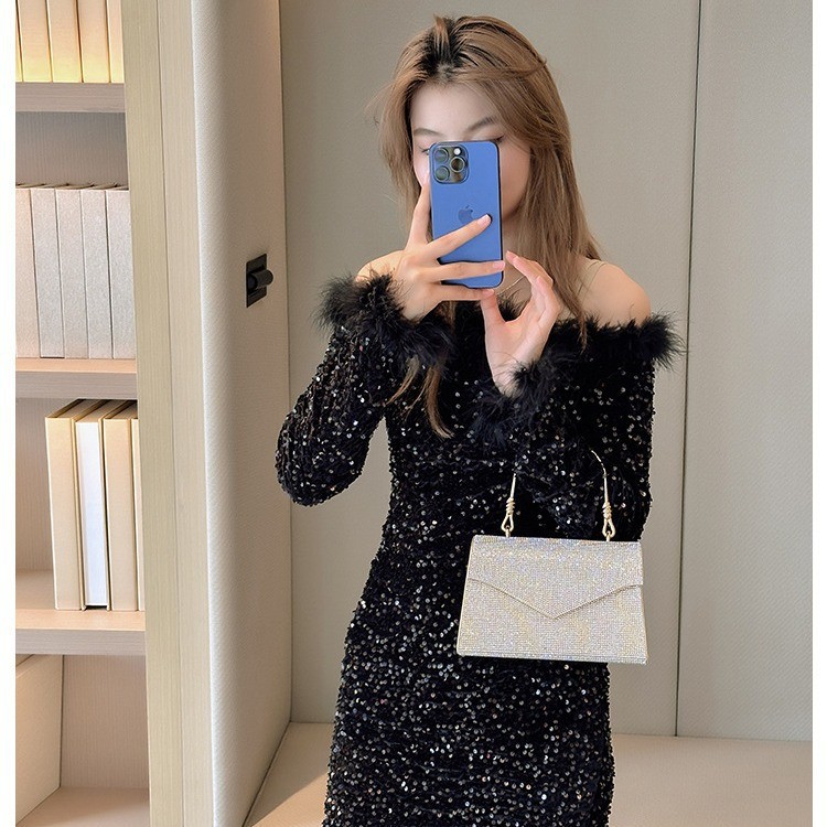 Nuevo cross-border full diamond feel ladies dinner bag, bolso de boda de lujo ligero, bolso de hombro de moda, bolso de noche