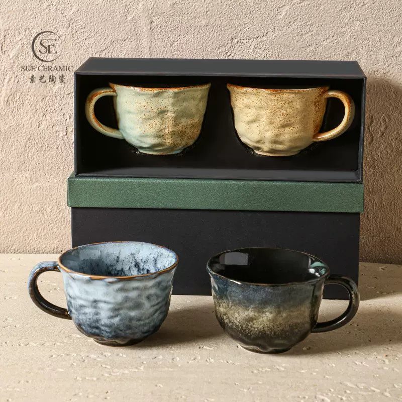 手捏纹咖啡杯礼盒装精致拿铁拉花杯子可印logo创意礼品复古陶瓷杯