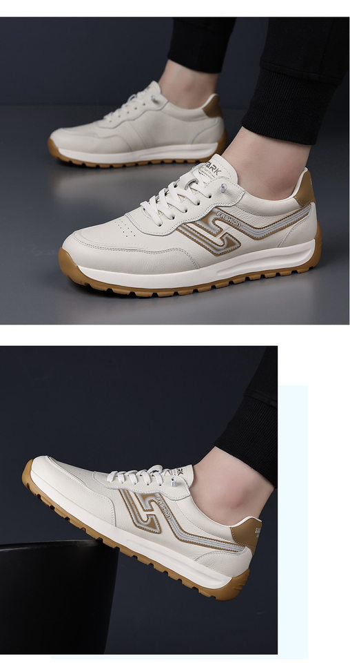 Giày sneaker nam da bò lớp đầu, kiểu Forrest Gump, da thật mỏng nhẹ thoáng khí, đế xốp, cổ thấp — Hạnh nhân trắng, Trắng xanh chi tiết 15