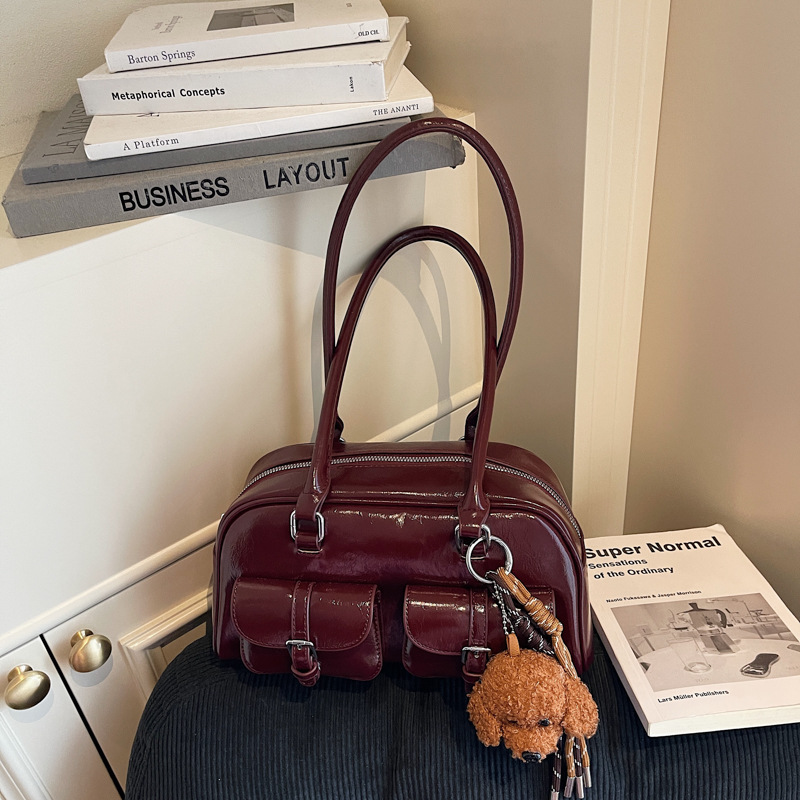 高级感油皮保龄球包包女跨境新款时尚腋下包美拉德复古波士顿包包