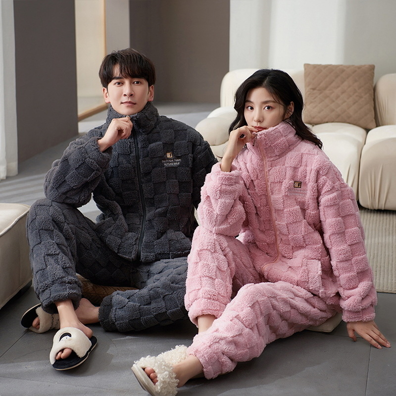 Pijamas de pareja de invierno de las mujeres de coral de lana collar de pie estilo deportivo ligero se puede usar fuera de forro polar engrosada homewear traje de manga larga