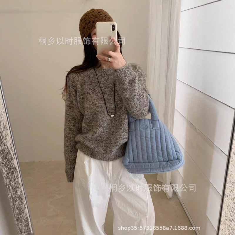 以时 简约韩系软糯彩纱毛衣 25秋冬季圆领套头纯色百搭针织衫 女|undefined
