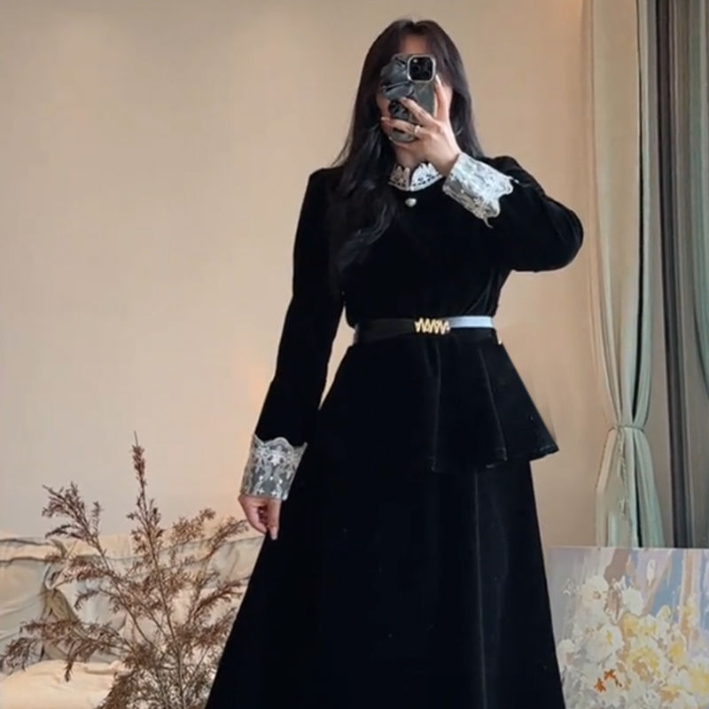 大码女装法式气质假两件蕾丝拼接连衣裙秋冬微胖mm绝美显瘦小裙子|undefined