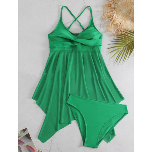 Elegant European and American Women's Sheer Mesh One-Piece Swimsuit High-Waisted Mesh Bathing Suit with Crossed Top and Double Shoulder Straps